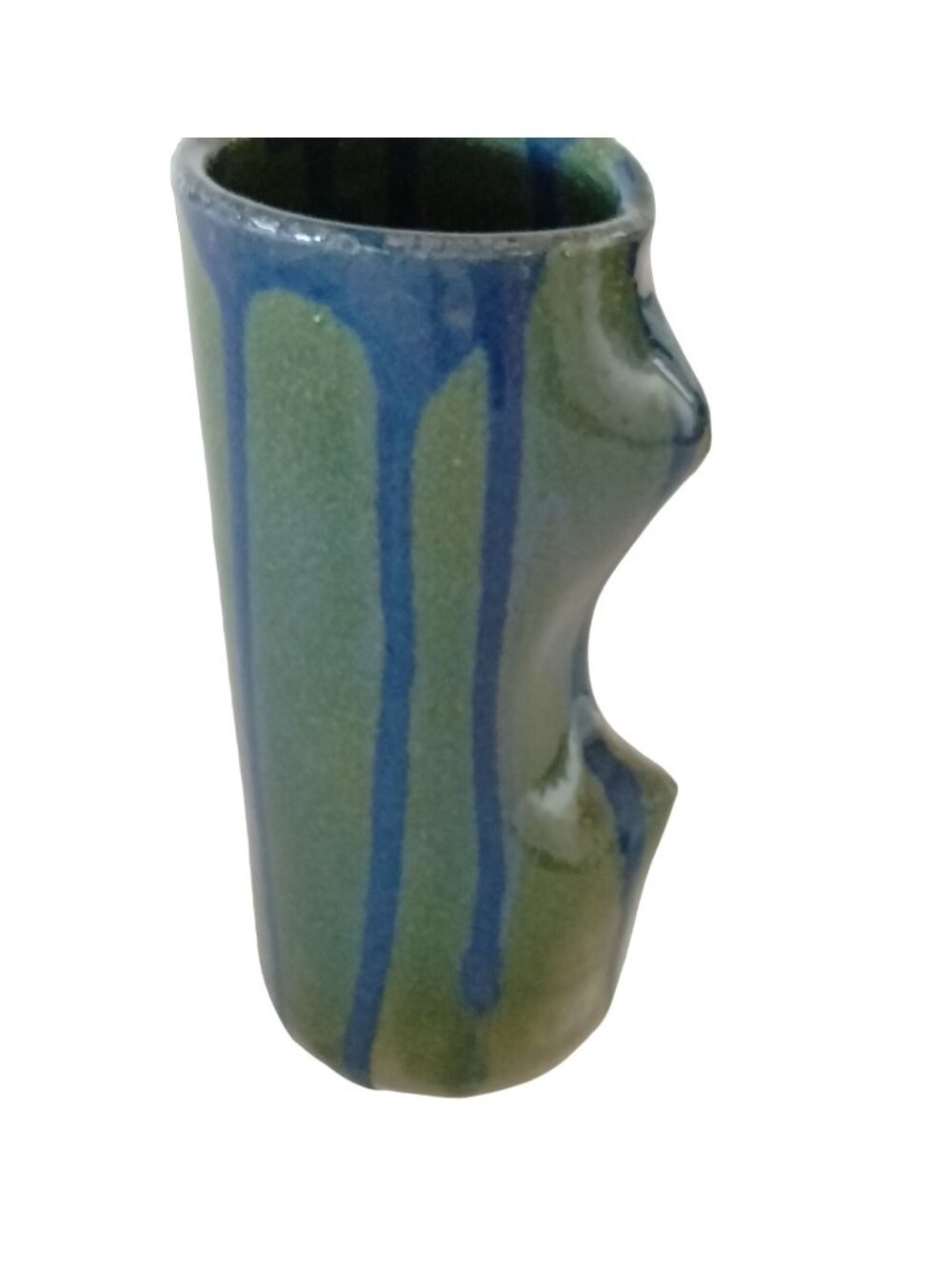 Artisan Blue Green Vase Rustic Primitive Drip Glaze